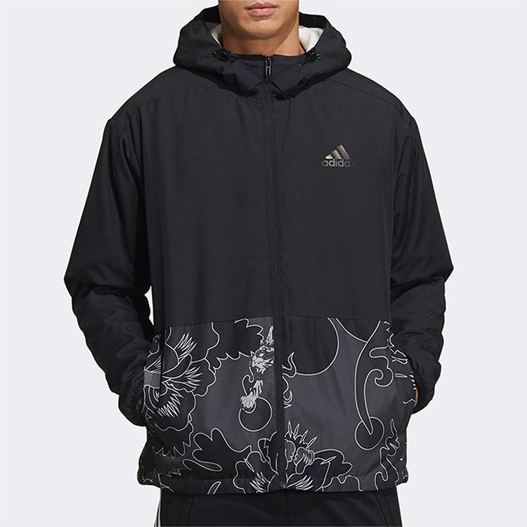 Adidas Aop Block Windproof Fleece-Lined Warm Hooded Jacket Men Outerwear Black GT6484
