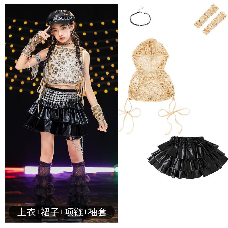 Girls Jazz Dance Outfit Set With Sequin Hooded Top Pleated Skirt Stage Performance Trendy Cool Style