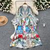 Spring Summer Women Elegant V-neck Designer Print Runway Dresses Fashion Flare Sleeve Long Maxi Holiday Beach Dresses