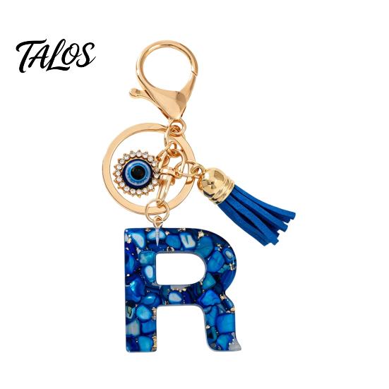 Брелок-подвеска серии Talos Blue, Брелок с подвеской в виде начальной буквы с дизайном в виде глаз и кисточки, Держатель от A до Z для сумок, рюкзаков, автомобилей, аксессуары
