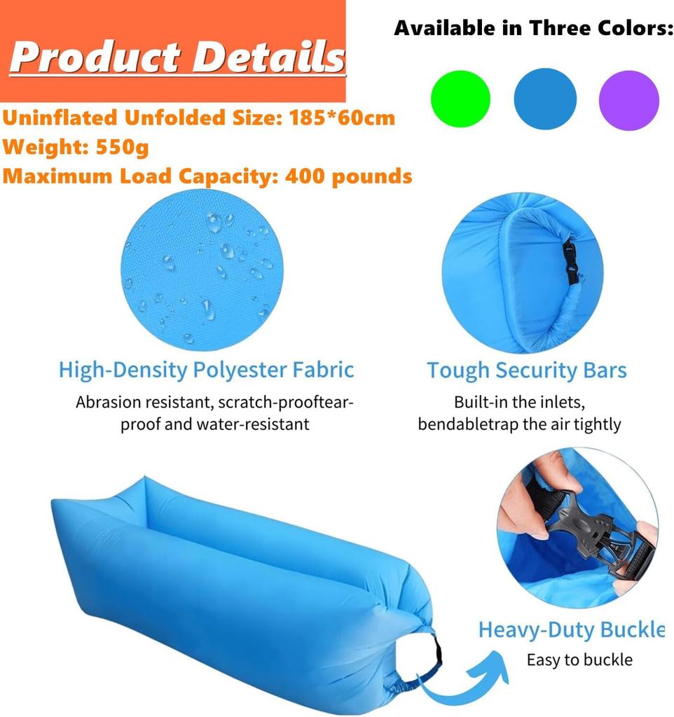 Inflatable Sofa Portable and Sofa Bed for Camping Beach and Home Inflatable Couch Foldable and Waterproof Oxford Cloth Fabric Purple 1 Pack