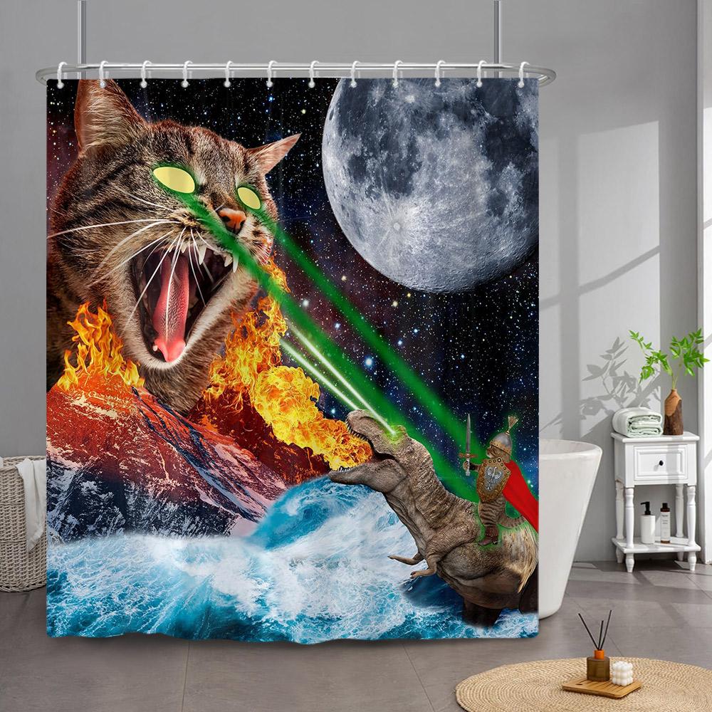 Funny Cat Shower Curtain Cute Cool Kitty Riding Whale Cartoon Animal Ocean Wave Children Bathroom Curtain Waterproof With Hooks