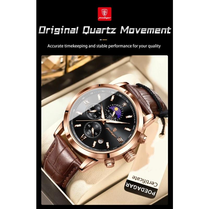 POEDAGAR Luxury Sports Watch for Men Waterproof Luminous Date Chronograph Wristwatch Leather Quartz Watches Reloj