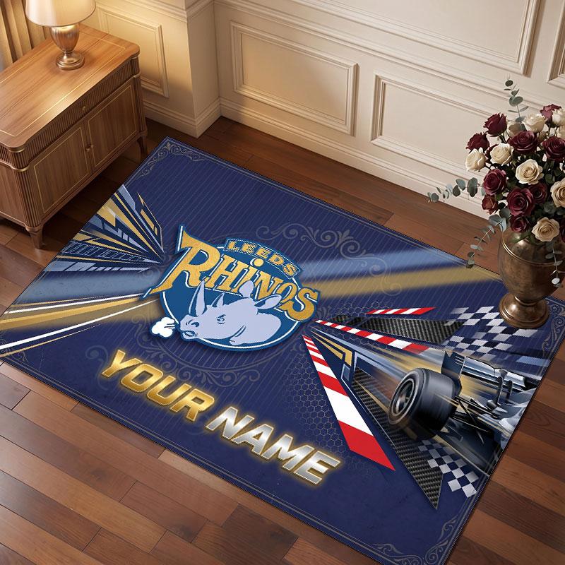 Leeds Rhinos Personalized Crystal Velvet Carpet, Customized Name Text Soft Anti‑Slip Rug for Living Room Bedroom