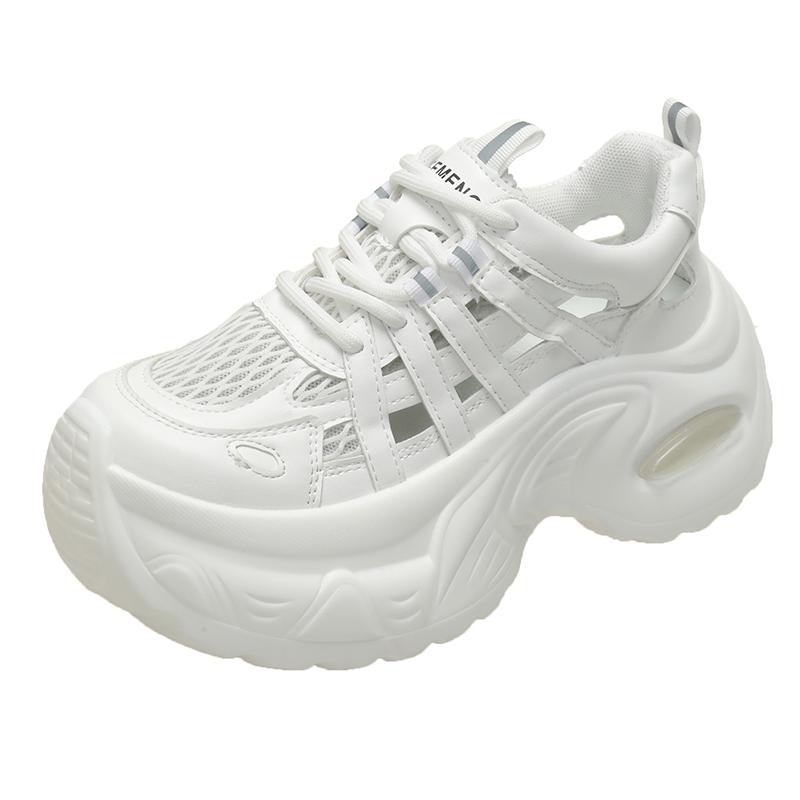 Модные 7,5 см Дышащие Полые Кожаные Женские Сандалии Вулканизированная Сетка Массивная Обувь Обувь на Платформе Высокие Каблуки Повседневные Летние Кроссовки