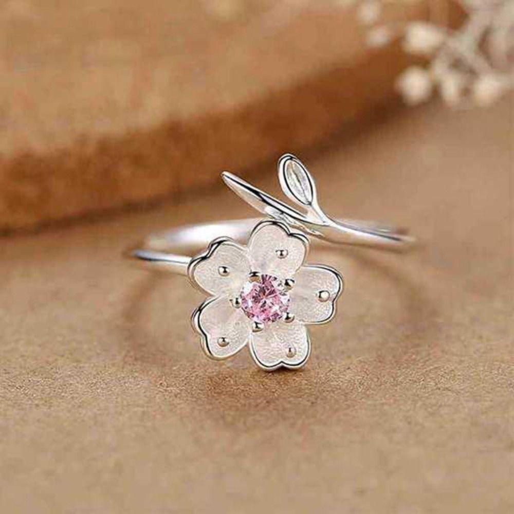 Pink Rhinestone Open Finger Ring Light Luxury Cherry Blossom Finger Ring Birthday Gift
