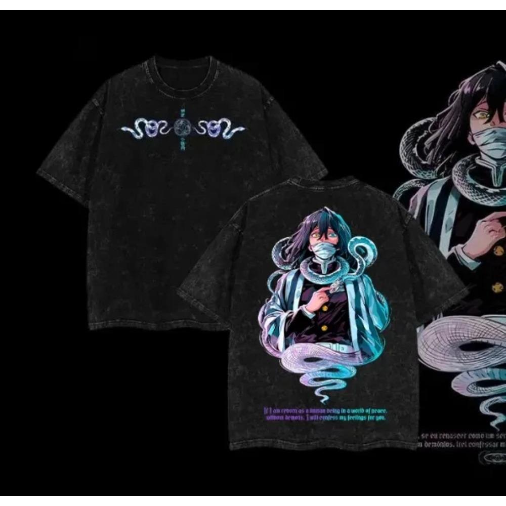 Anime Demon Slayer Iguro Obanai Graphic T-shirt Men Washed Cotton Tshirts Casual Loose T Shirt Harajuku Male