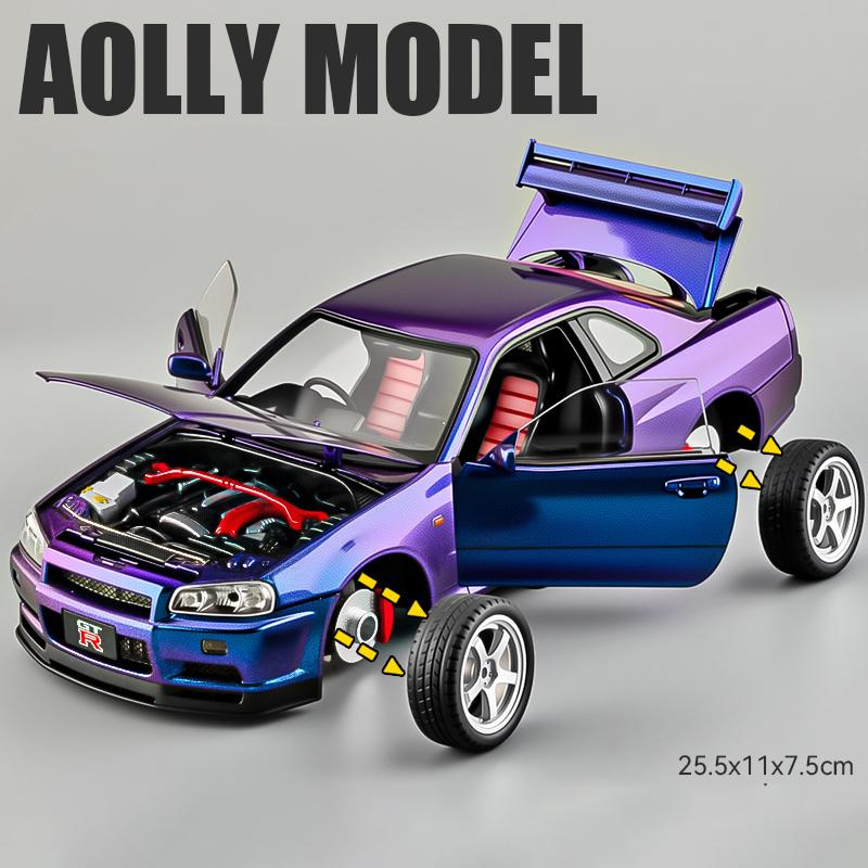 ABE4 1:18 Ниссан GTR R34 Скайлайн S15 LBWK Литой Модель Автомобиля Со Звуком и Светом Машинка на Оттяжке Детская Игрушка Коллекционные Предметы Подарок на День Рождения Игрушка