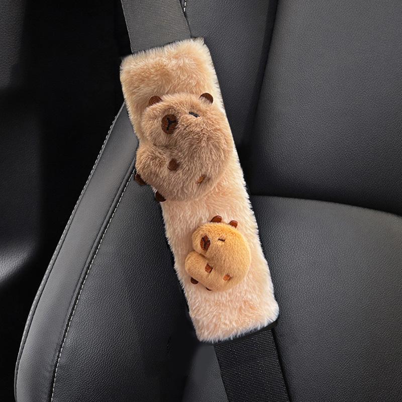 New Cute Cartoon Capybara Universal Car Seat Belt Cover Imitation Rabbit Fur Long Plush Auto Safety Shoulder Pad For Kids Ladys