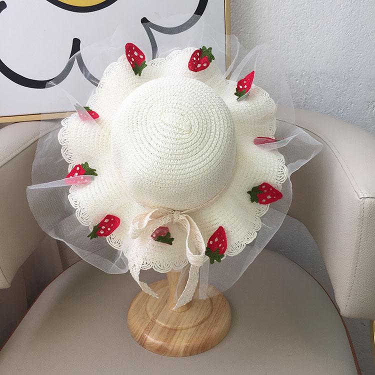 Girls Summer Straw Sun Hat With Pearl Lace Wide Brim Baby Beach Shade Cap Stylish UV Protection Outdoor Headwear