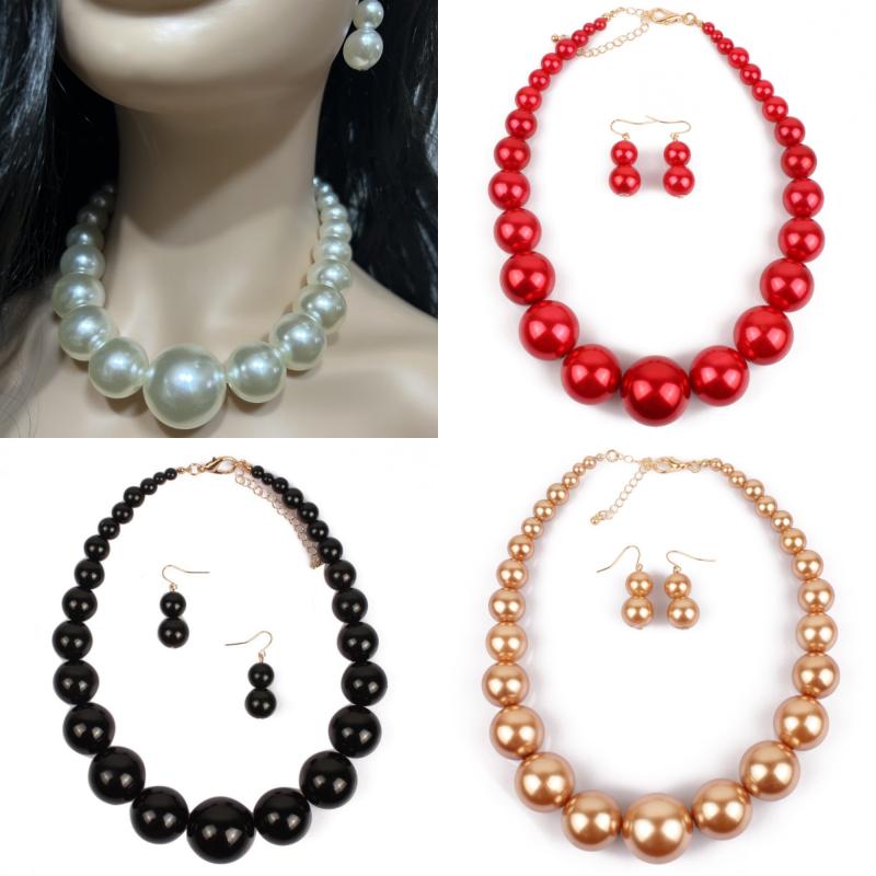 Women Big Imitation Pearl Choker Necklace and 3Pcs Set White Pearl Beaded Earrings for Valentine Night