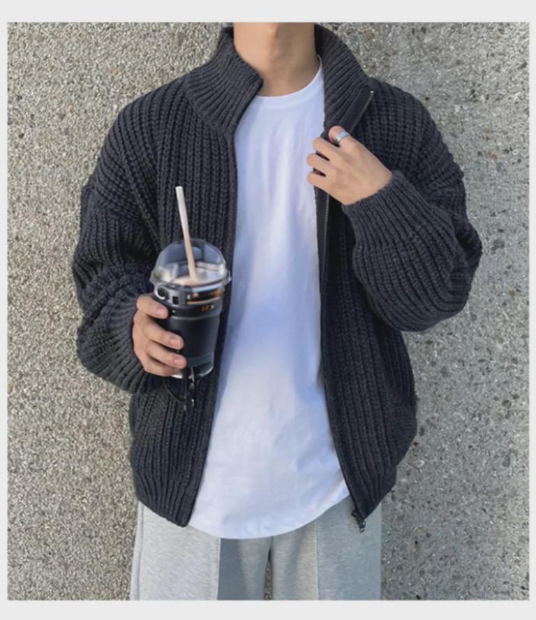 Мужская ретро корейская трикотажная куртка-кардиган с воротником-стойкой