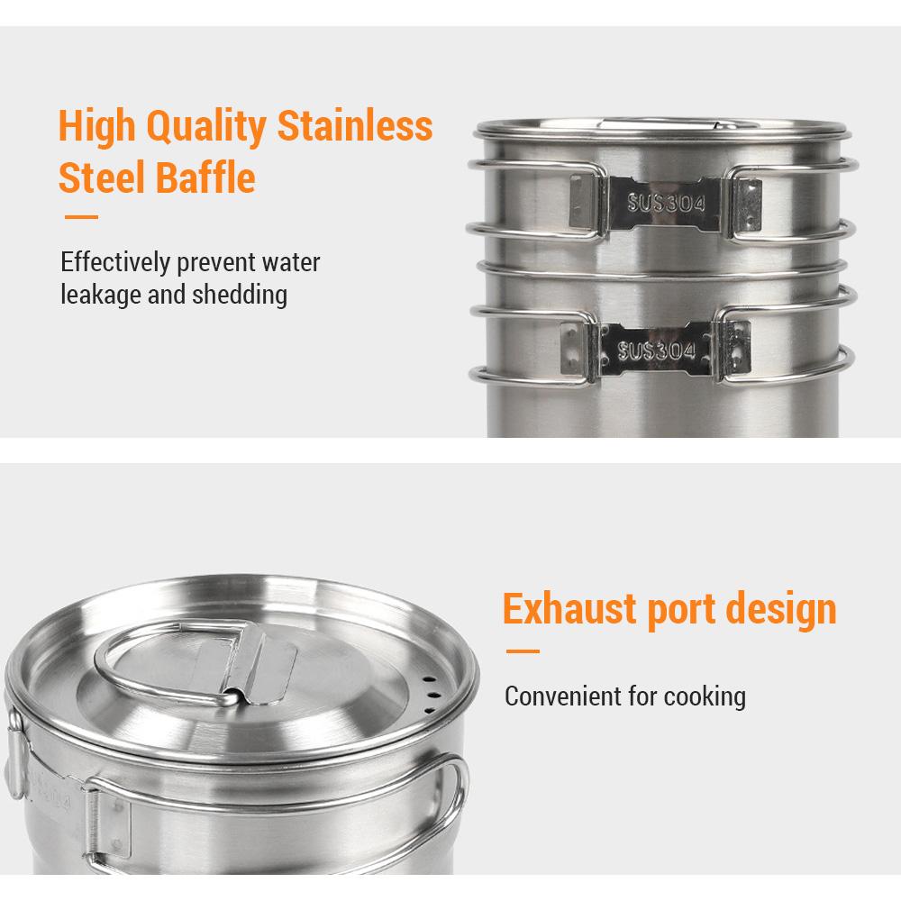 Stainless Steel Cookware Set Camping Cup Outdoor Portable Cooking Pot 2-3 People Camping Cookware