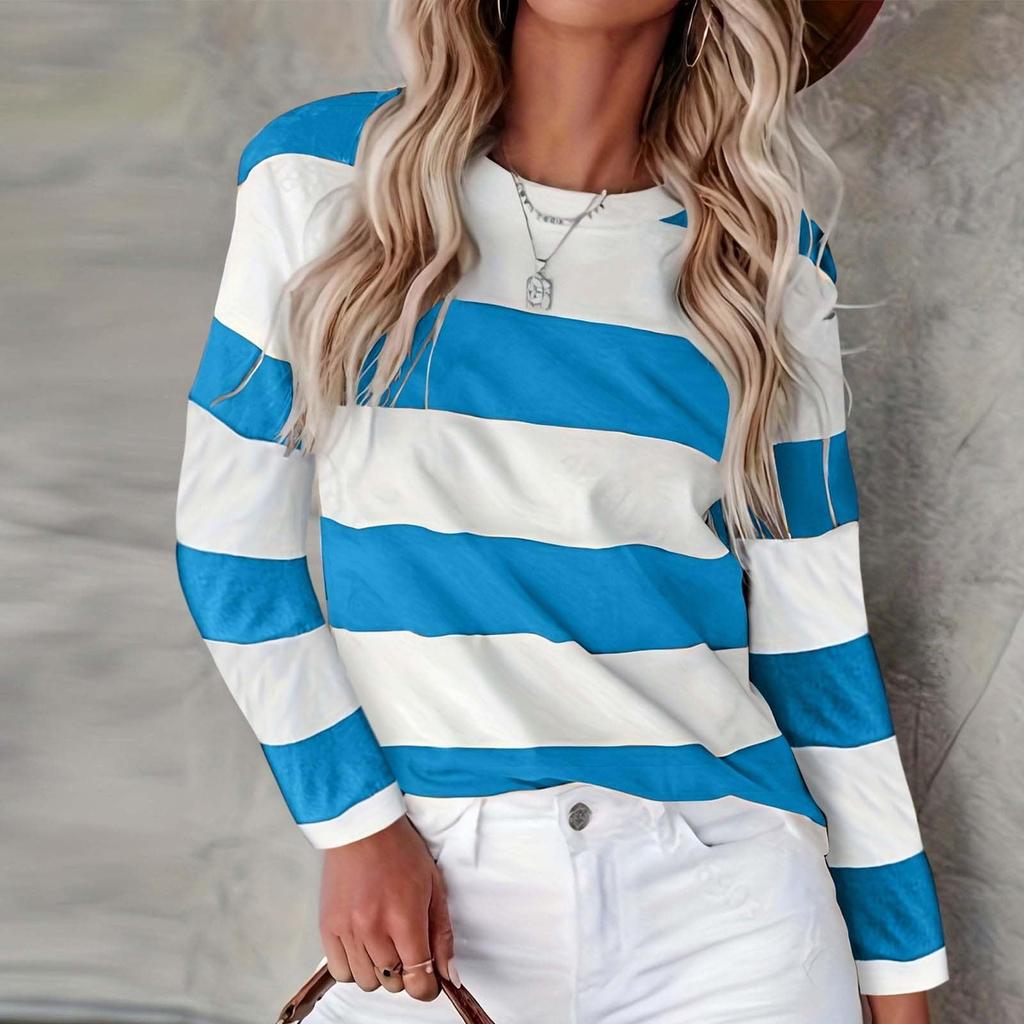Женская модная повседневная полосатая футболка с круглым вырезом и длинным рукавом