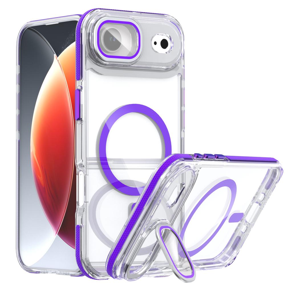 For iPhone Air Magnetic Case TPU Acrylic Clear Phone Back Cover with Lens Protector Kickstand