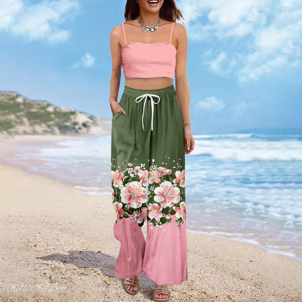 Женские летние брюки-палаццо в стиле бохо с высокой талией, широкие повседневные брюки с цветочным принтом и карманами