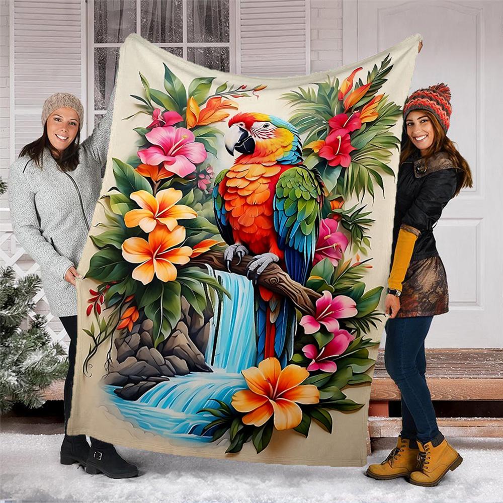 1pc Parrot Tropical Flowers Print Throw Blanket Polyester Fiber, Lightweight Flannel, Soft & Warm, All Season Use for Outdoor, Camping Digital Print