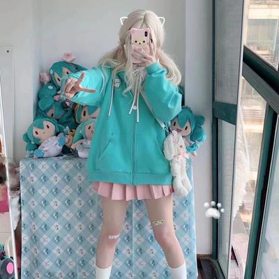 Harajuku Kawaii Y2k Стильные толстовки для женщин японский стиль Sweet Cat Ear на молнии большие толстовки с капюшоном куртка