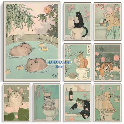 Вдохновленные японской культурой кошки в ванне бульдоги туалет собаки ванная комната лягушка винтажный арт постер холст живопись настенные картины домашний декор