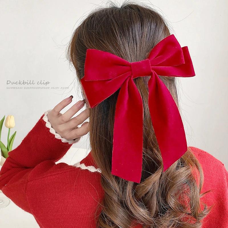 Big Bowknot Hair Clip Women Velvet Black Red Vintage Hairpins Wedding Long Ribbon Korean Hair Pin Barrette Fashion Girl Headwear