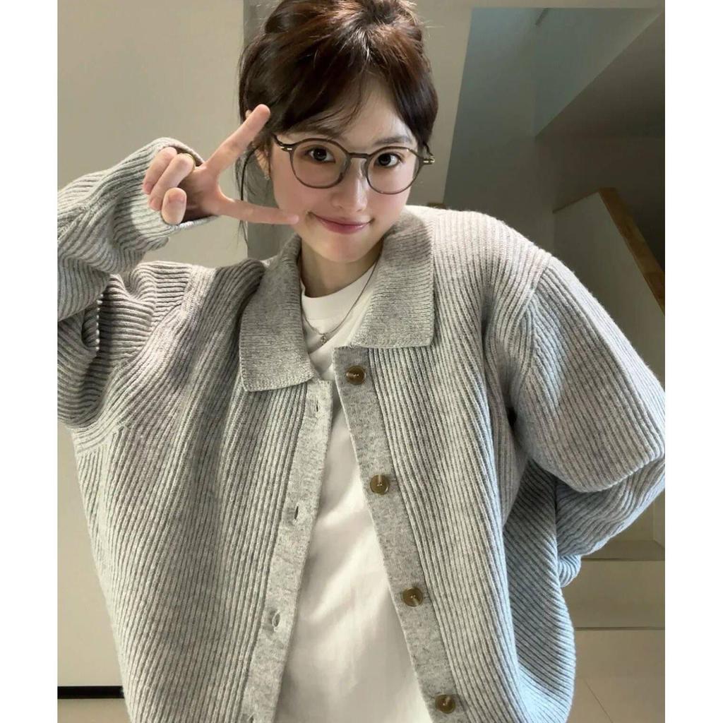 Gray Turn-Down Collar Knit Cardigan Sweater - American Retro Style for Spring/Summer