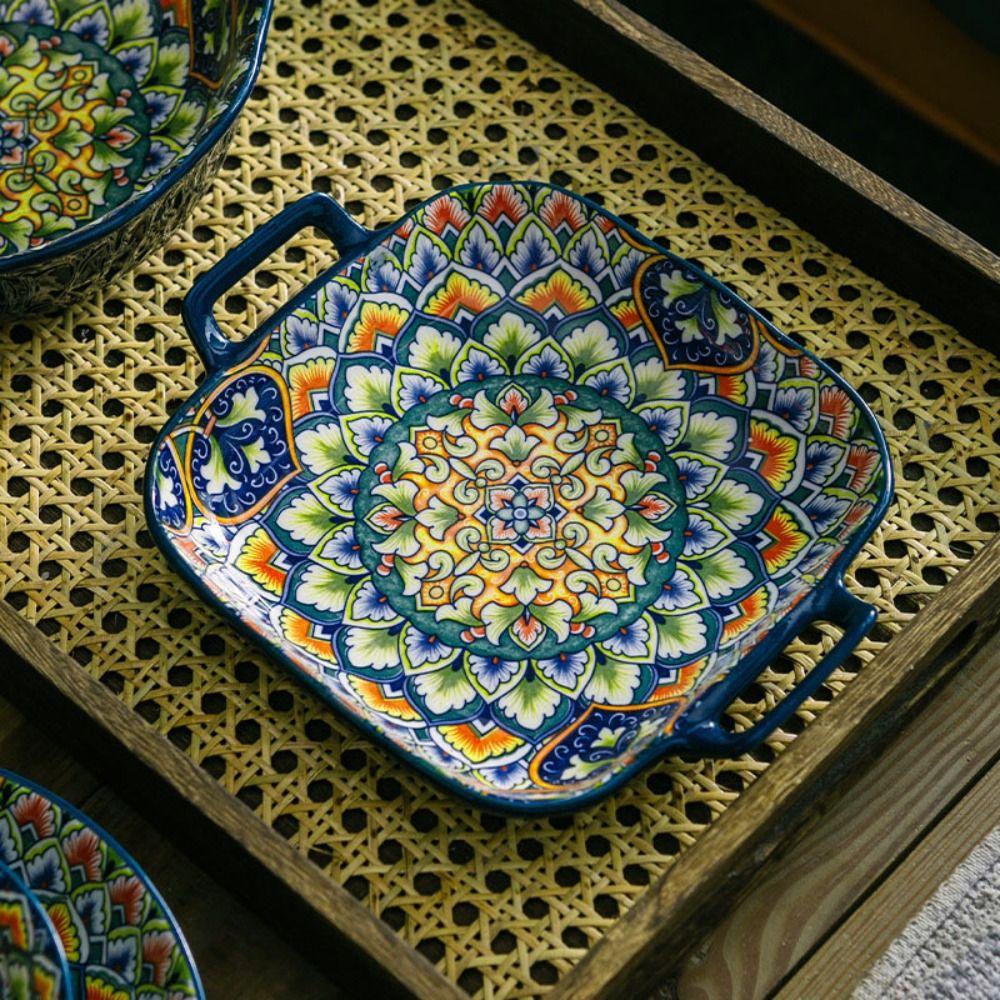 Квадратная богемская керамическая тарелка с бинауральной ручкой, фруктовая тарелка, креативная салатница для духовки