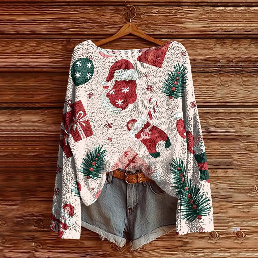 Women's Christmas Print Lightweight Sweater Casual Long Sleeve Knitted Pullover
