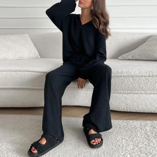 Women's Casual Two Piece Set Loose Casual Long Sleeve Top Lace Up Pants Set Female Turndown Collar Lounge Outfit