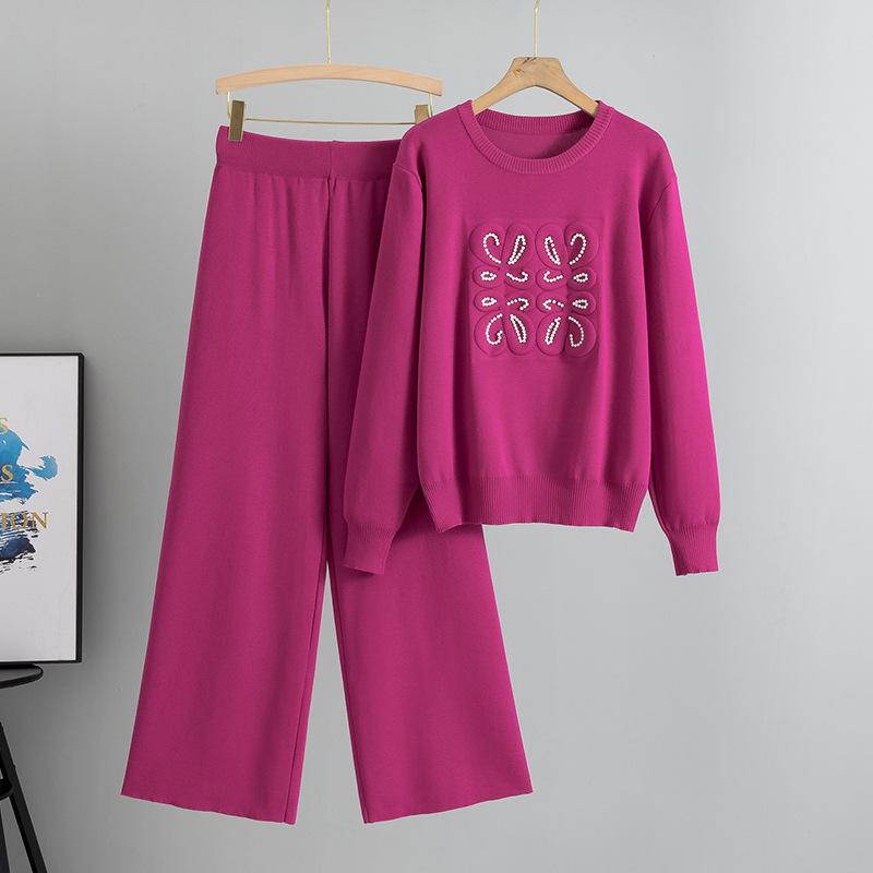 Плюс Размер Женский Новый Осенний Вязаный Свитер Широкие Брюки Мода Простой Темперамент Двухсекционный Костюм