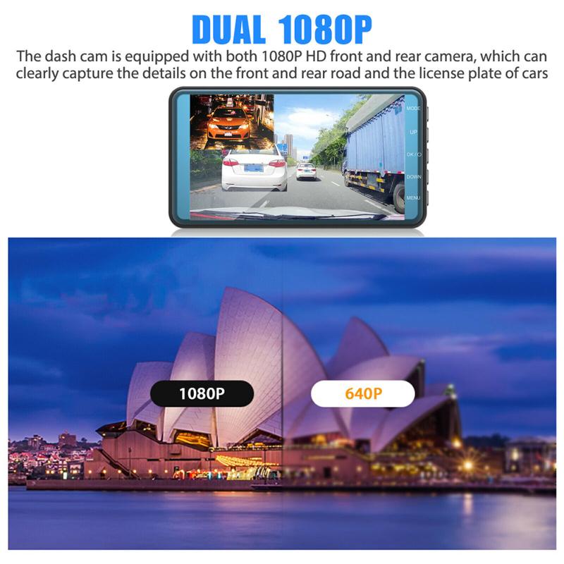 Автомобильный видеорегистратор, 4-дюймовый сенсорный экран с двумя объективами, видеорегистратор для вождения, Ips-экран, HD-рекордер, изображения заднего вида