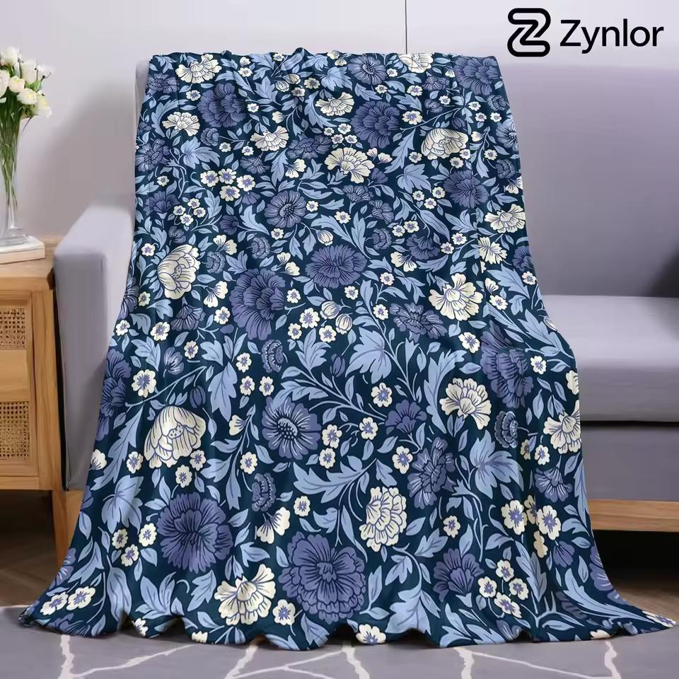 Blue Retro Bloom Ultra Soft Sherpa Fleece Blanket Fluffy Warm Halloween Cozy Throw for Sofa Couch Bedroom Gift All season
