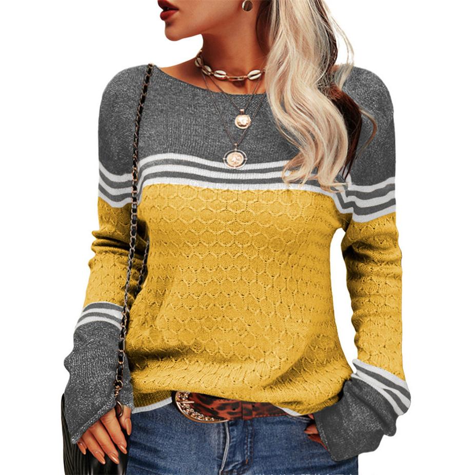 Herfst En Winter Vrouwen Crochet Temperament Commuter Tops Lange Mouwen Knit Stripe Colorblocking Ronde Hals Sweater