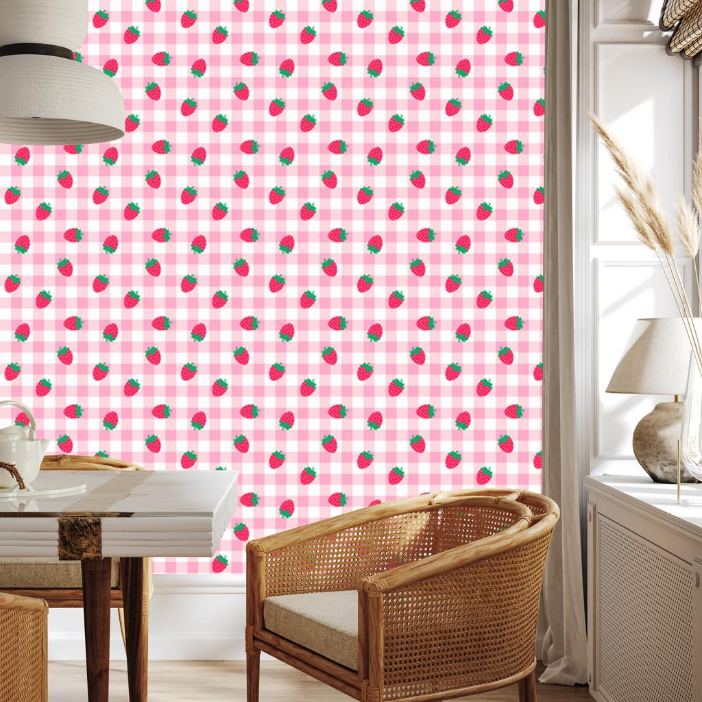 Strawberries and daisies wallpaper, powder pink, powder pink background, 50x1000