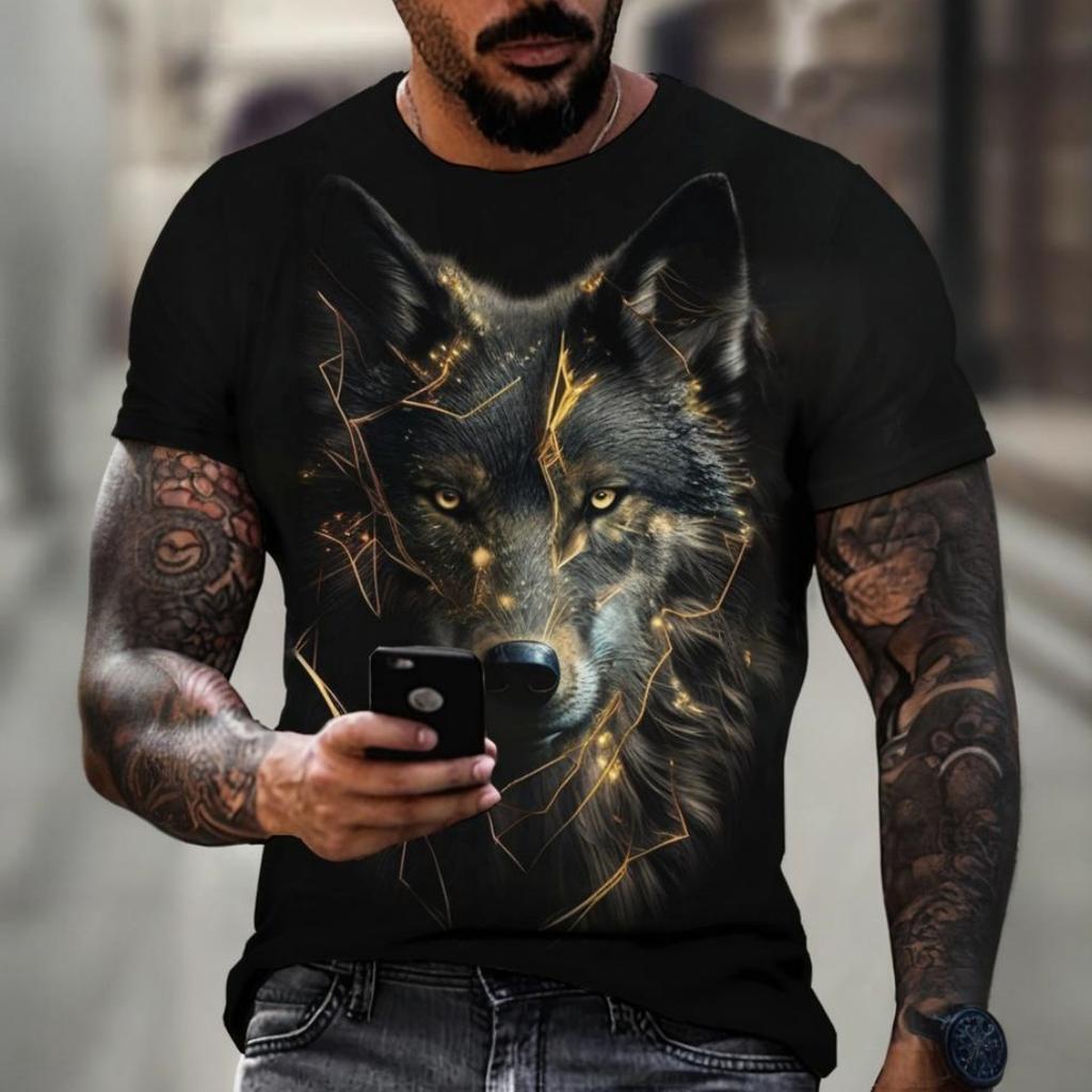Summer Round Neck 3D Wolf Print Top Fashionable Casual Short Sleeved Men's T-shirts