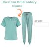 DIY Именная Вышивка Кастомизация Женская Униформа Быстросохнущая Ткань Однотонный V-образный Вырез Карман Короткий Рукав Брючный Костюм Рабочая Одежда для Няни