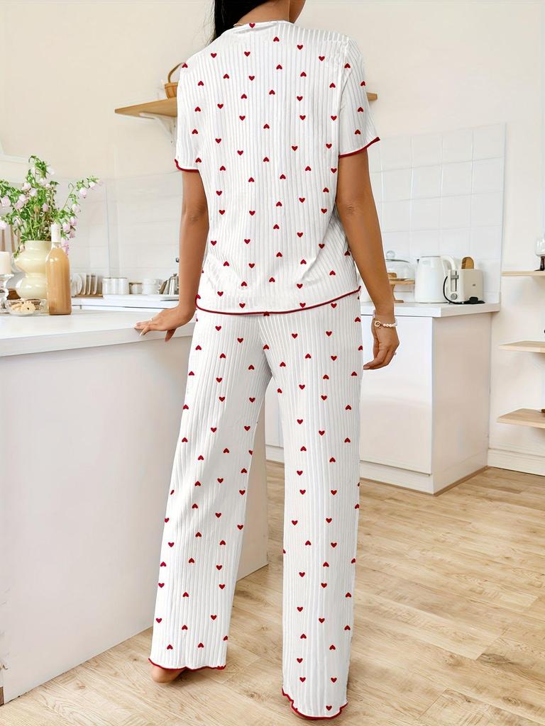 Spring and Autumn Women's Wide-Leg Print Pajama Set: Comfortable Short Sleeve Top and Long Pants for Indoor/Outdoor Wear.