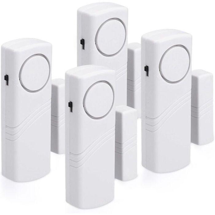 Lot 4 alarmes sans fil magnétiques 100 dB pour portes et fenêtres - blanc, 4 détecteurs + 8 piles AAA
