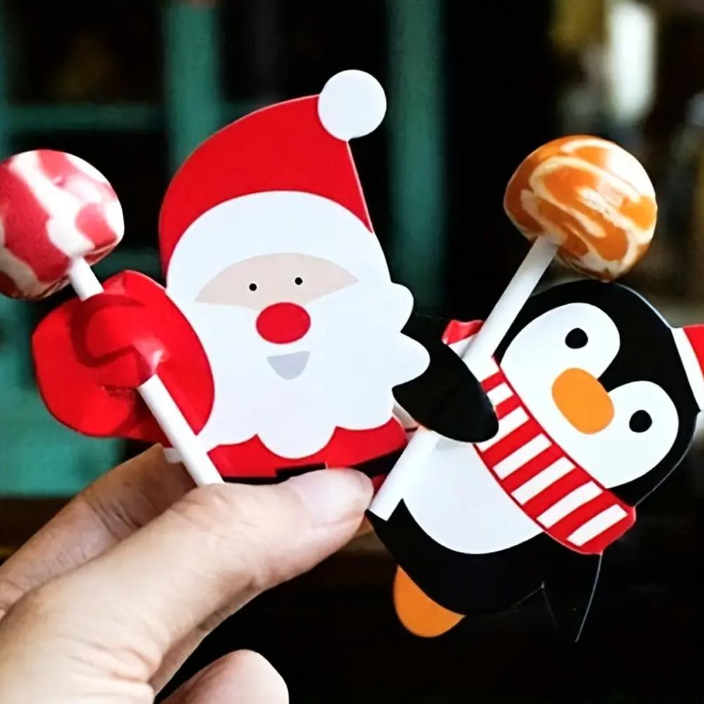 50/100pcs Christmas Lollipop Paper Cards Cartoon Santa Claus Penguin Snowman Kids Candy Gifts Package Wrapping New Year Party