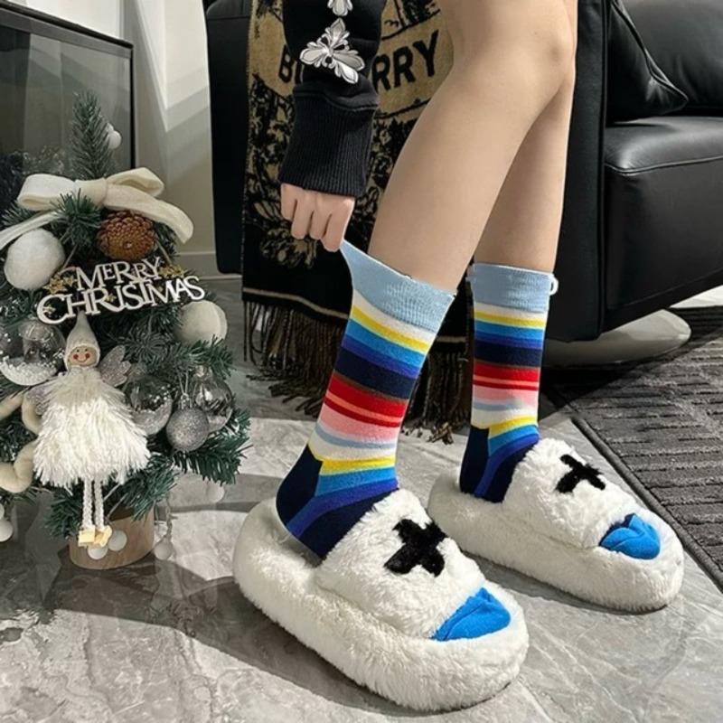 Радужные полосатые носки для женщин в контрастных цветах, модные и индивидуалистичные хлопковые носки до середины икры