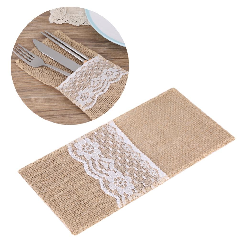 10Pcs Burlap Tabbleware Holder Lace Silverware Bag Lightweight Napkin Bag Wedding Party