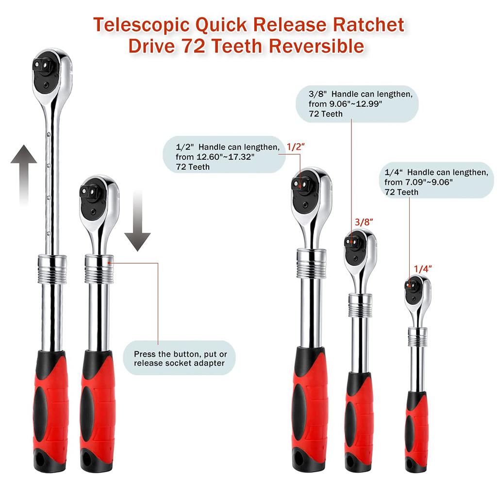 Square Socket Ratchet Telescopic Quick Release Ratchet Reversible Enlarged Handle 3/8-inch Wrench, Drive, 72-Tooth,