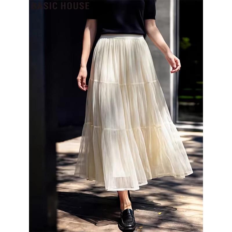 Basic House French A-Line Mesh Midi Skirt