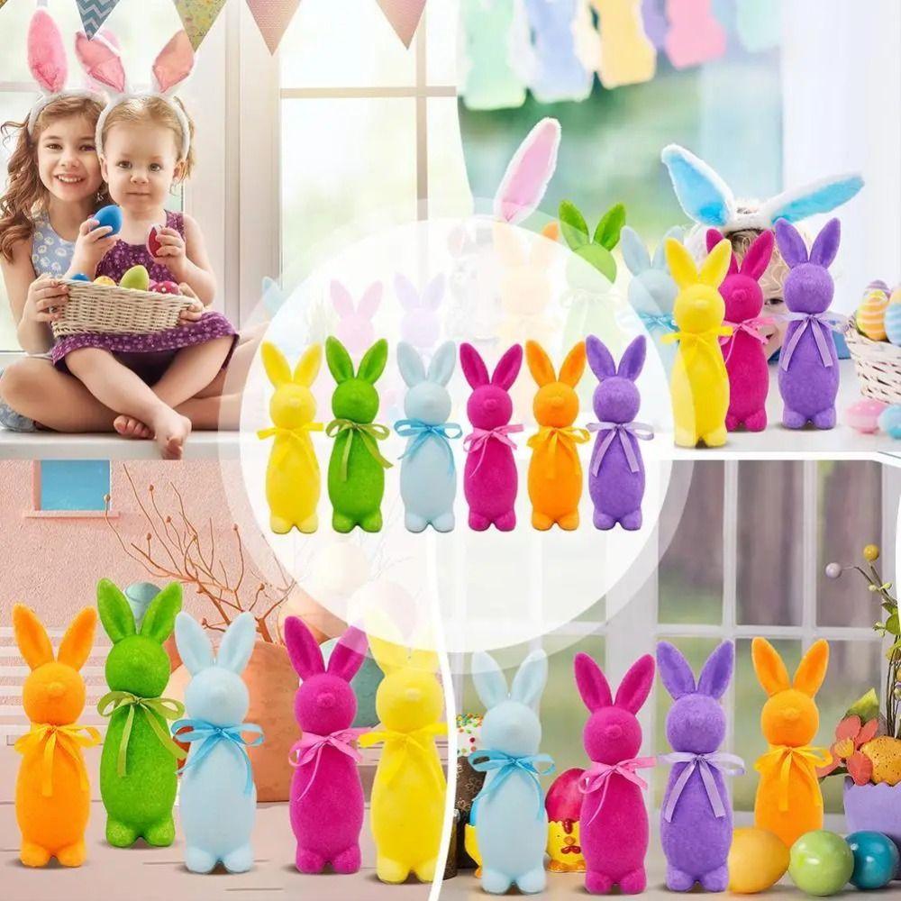 Декор Easter Bunny из вспененного материала, флокированный, Пасхальный стоящий кролик со бабочкой, Пасхальный centerpiece, Настольная фигурка кролика