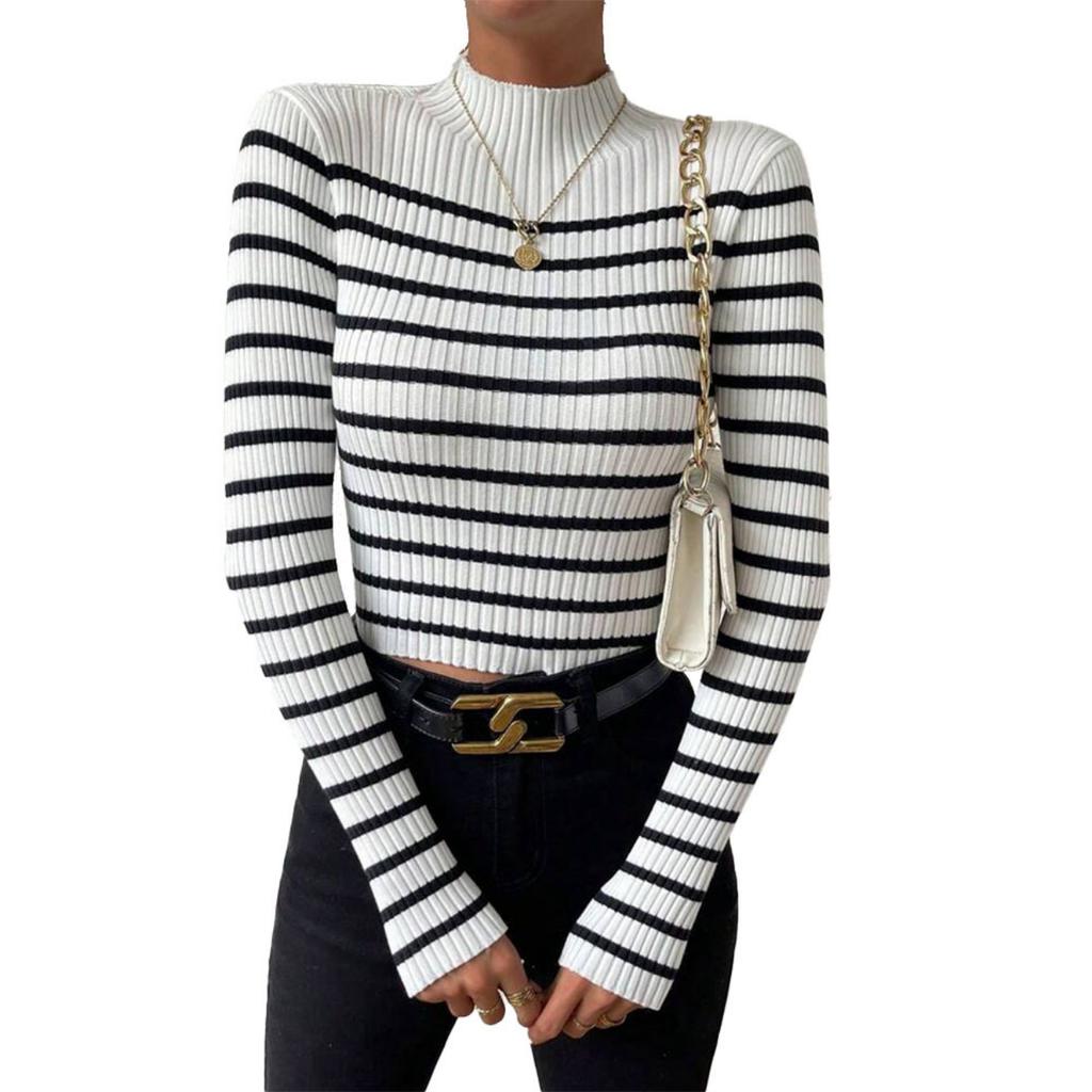Узкий свитер с воротником-стойкой в полоску, стильный свитер с длинными рукавами и резинкой для осени и зимы, женская одежда