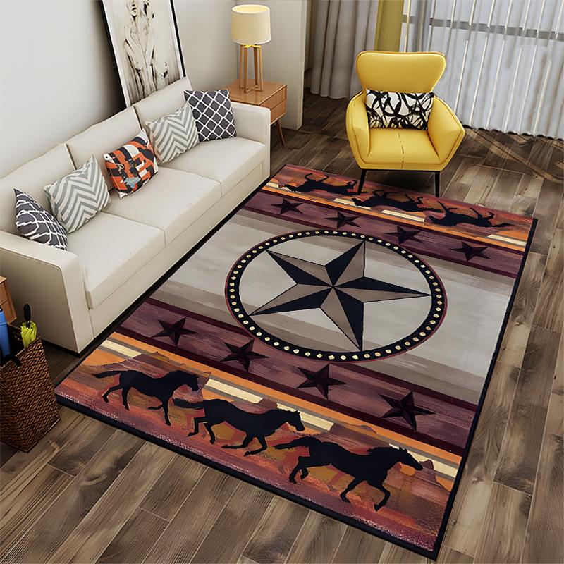 Western Star and Horse Pattern Rug Non-slip rug suitable for living room and bedroom sofas.