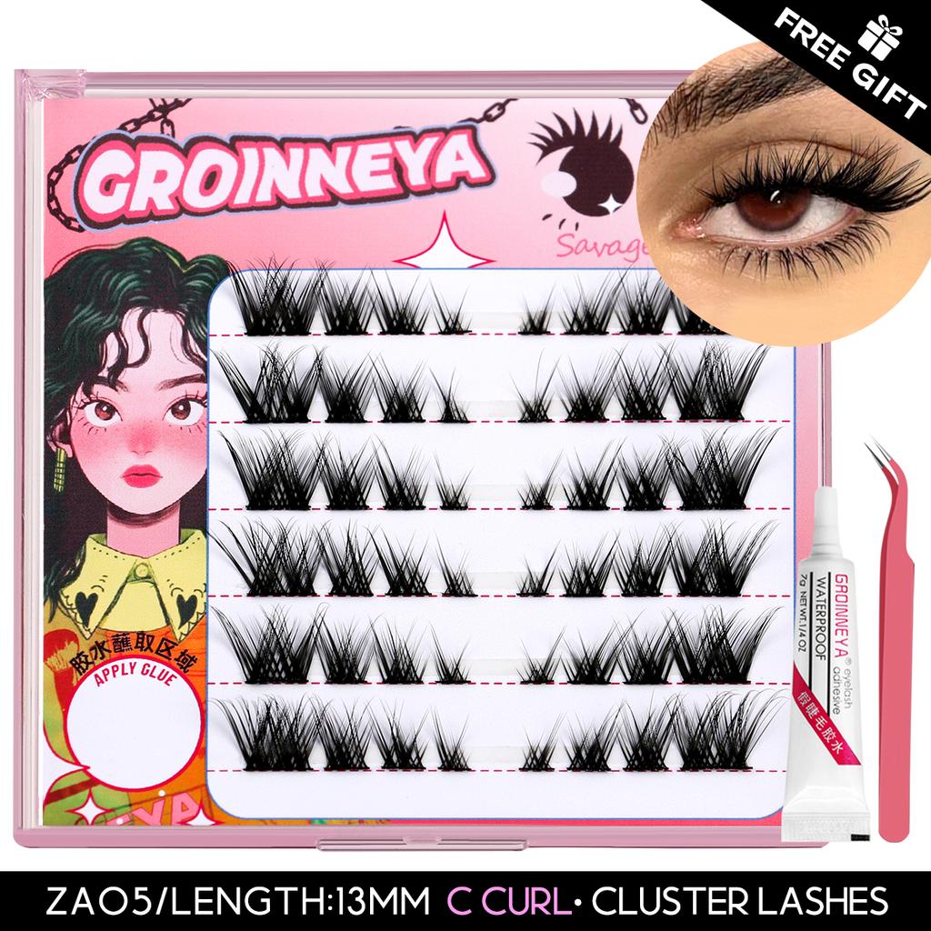 GROINNEYA DIY Eyelash Extension Kit Individual Lashes Cluster Mix Lash Clusters with Lash Bond and Seal and Lash Accessories
