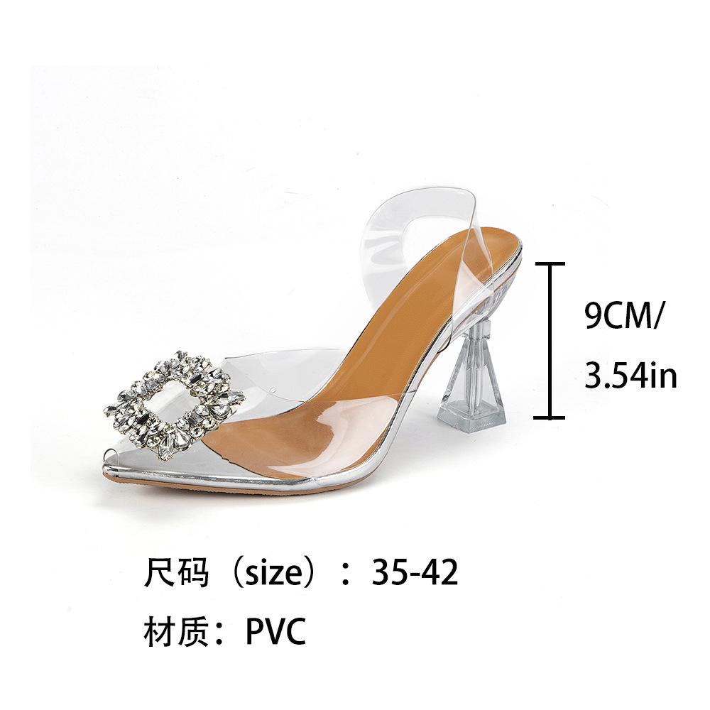 Босоножки на высоком каблуке женские 2025 лето новые ПВХ большой размер стразы квадратная пряжка острый носок женские каблуки прозрачные