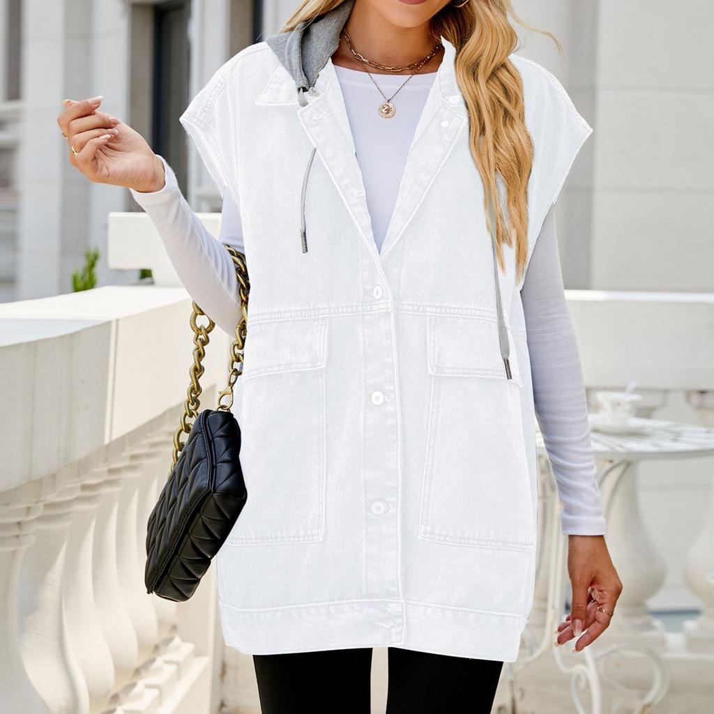 Женская повседневная свободная винтажная джинсовая жилетка с капюшоном