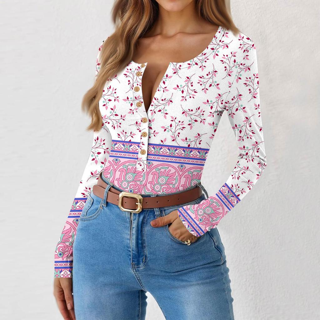 Women's Slim Bottom T-shirt Fashion Casual Gradient Printing Round Neck Pullover Long Sleeve Top