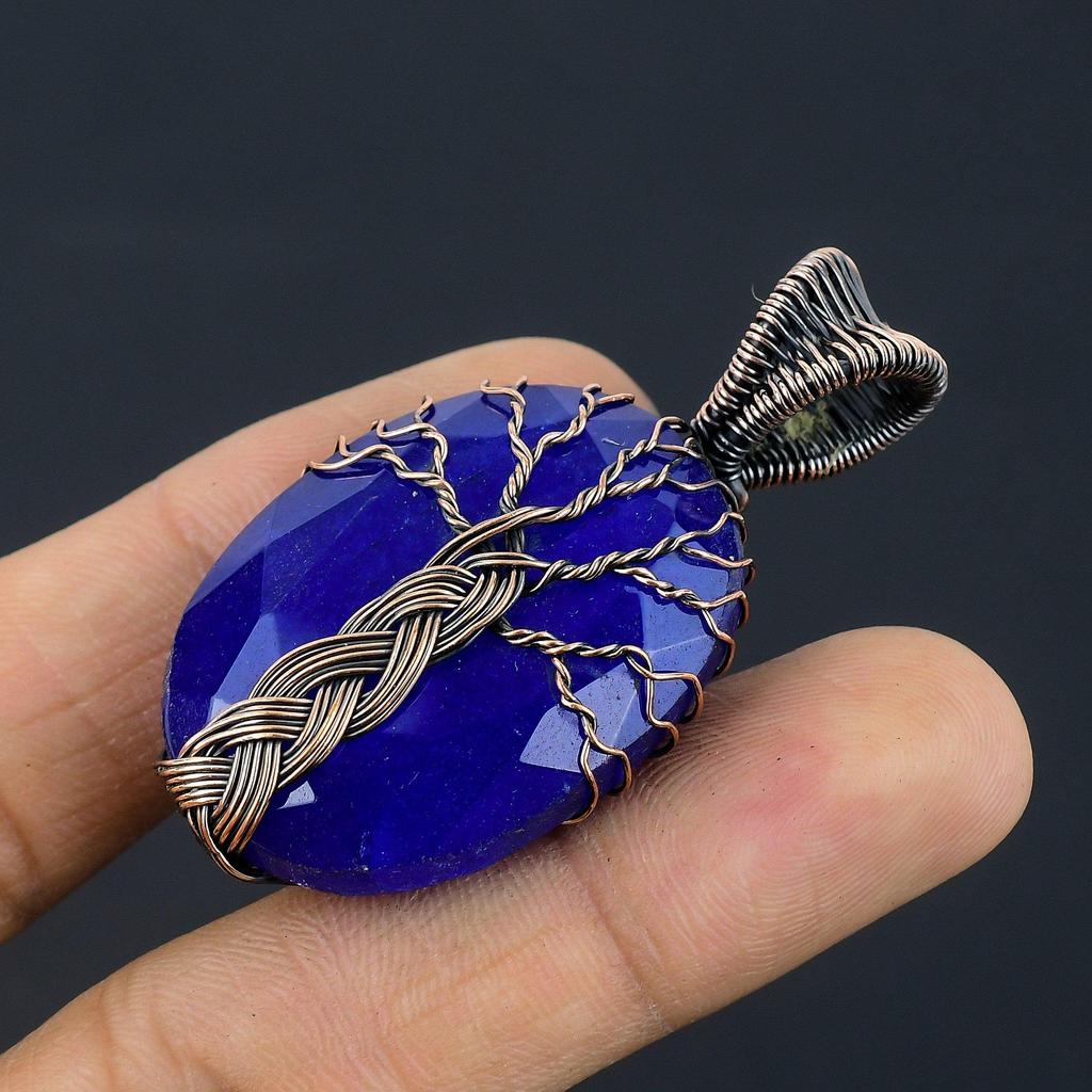 Кулон с синим сапфиром, Кулон с драгоценным камнем ручной работы, Кулон, обернутый медной проволокой 999 пробы, Антикварное украшение, Для подарка на помолвку